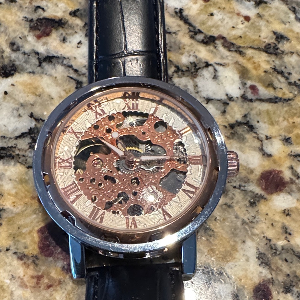 Men's Black and Rose Gold Mechanical Skeleton Watch